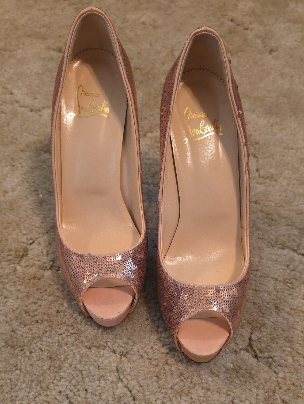 Christian Louboutin Rose Gold Sequin Peep-Toe Pumps